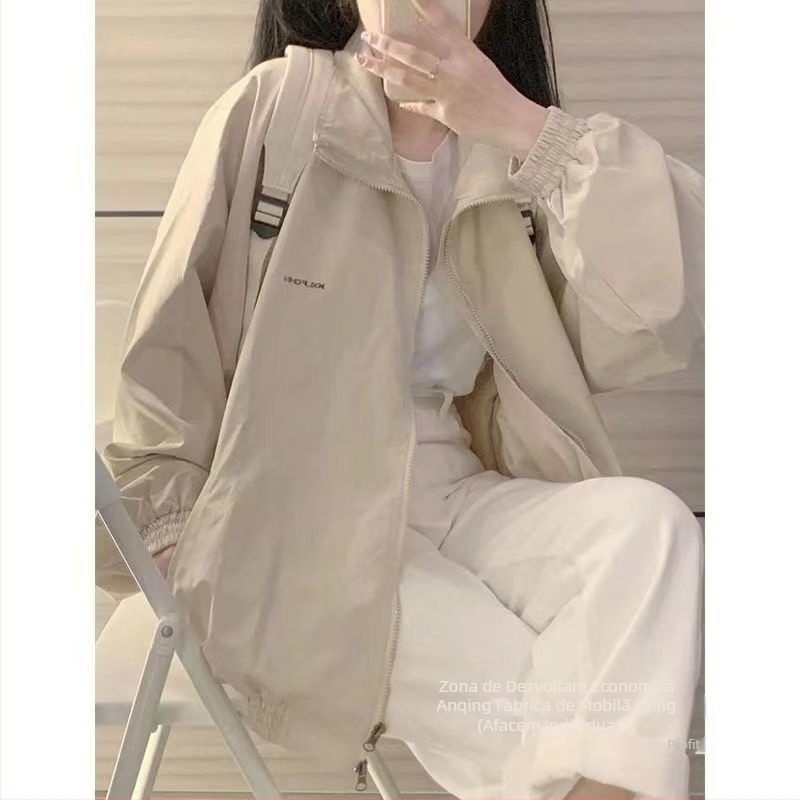 Geacă din Oxford, culoare uni, croială lejeră, mâneci lungi, guler rotund cu fermoar, toamnă 2023, stil urban elegant pentru uz zilnic