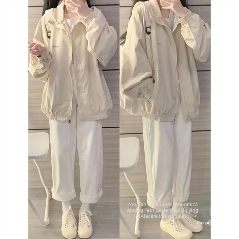 Geacă din Oxford, culoare uni, croială lejeră, mâneci lungi, guler rotund cu fermoar, toamnă 2023, stil urban elegant pentru uz zilnic