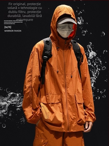 Geacă de bărbați cu glugă, croială lejeră, țesătură de mătase pe bază de poliester, buzunare laterale cu fermoar, fermoar frontal, potrivit pentru vară