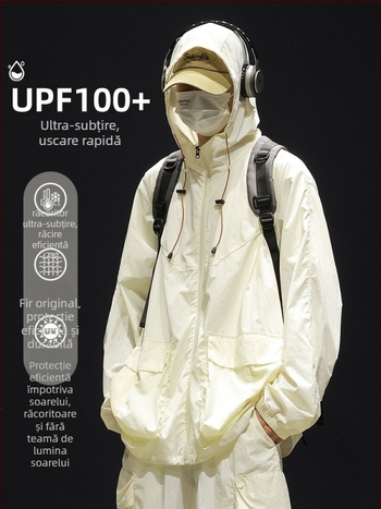 Geacă de bărbați cu glugă, croială lejeră, țesătură de mătase pe bază de poliester, buzunare laterale cu fermoar, fermoar frontal, potrivit pentru vară
