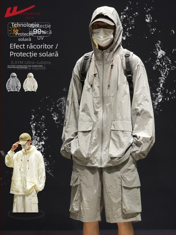 Geacă de bărbați cu glugă, croială lejeră, țesătură de mătase pe bază de poliester, buzunare laterale cu fermoar, fermoar frontal, potrivit pentru vară