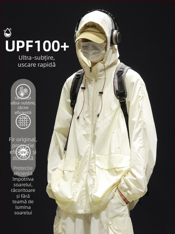 Geacă de bărbați cu glugă, croială lejeră, țesătură de mătase pe bază de poliester, buzunare laterale cu fermoar, fermoar frontal, potrivit pentru vară
