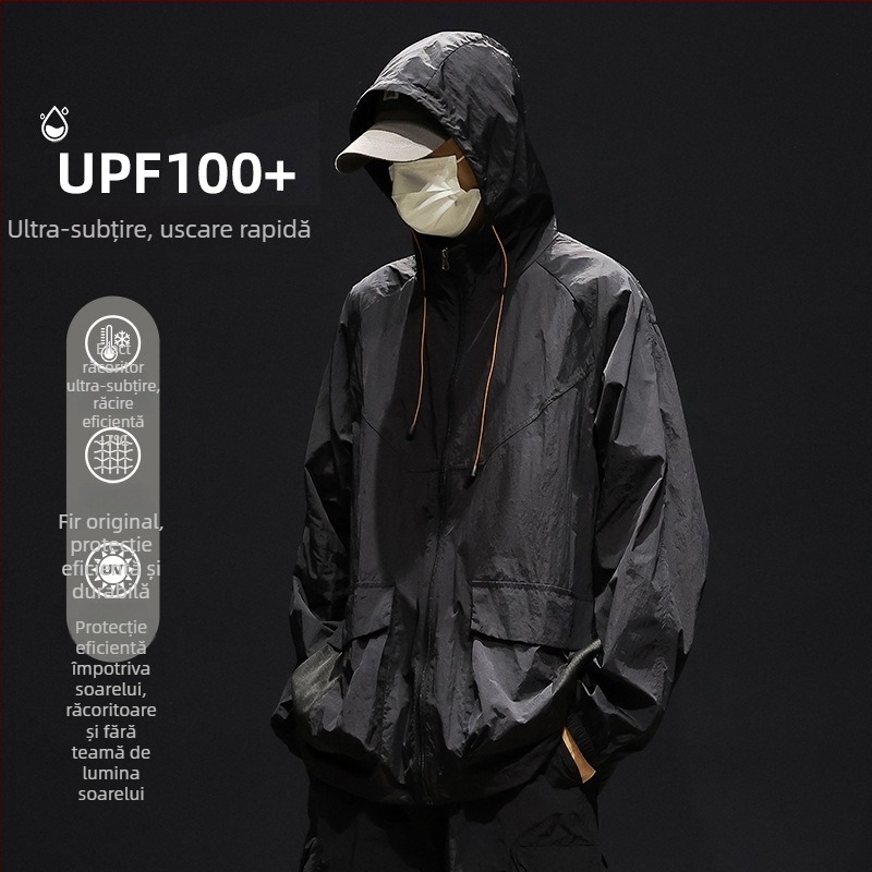 Geacă de bărbați cu glugă, croială lejeră, țesătură de mătase pe bază de poliester, buzunare laterale cu fermoar, fermoar frontal, potrivit pentru vară
