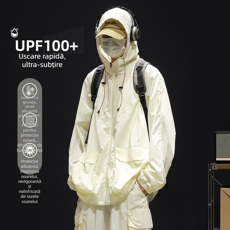 Geacă de bărbați cu glugă, croială lejeră, țesătură de mătase pe bază de poliester, buzunare laterale cu fermoar, fermoar frontal, potrivit pentru vară