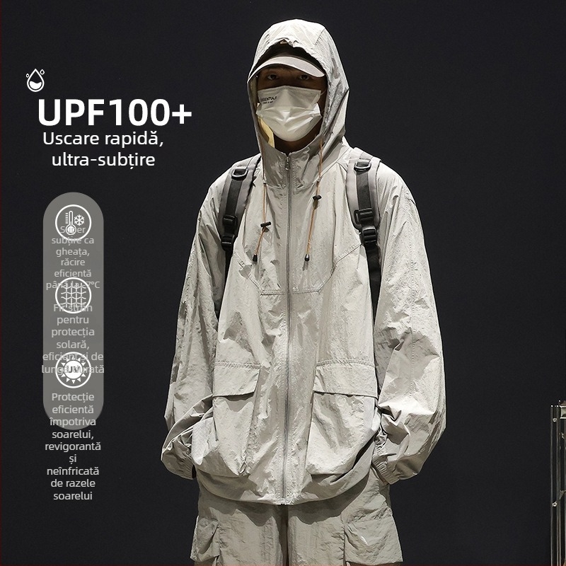 Geacă de bărbați cu glugă, croială lejeră, țesătură de mătase pe bază de poliester, buzunare laterale cu fermoar, fermoar frontal, potrivit pentru vară