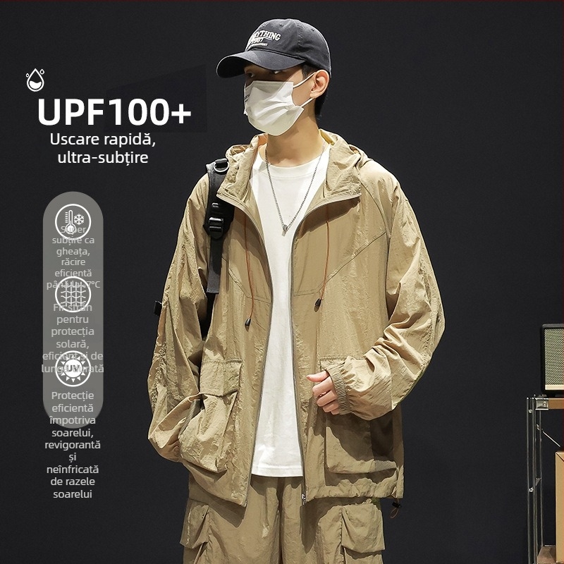 Geacă de bărbați cu glugă, croială lejeră, țesătură de mătase pe bază de poliester, buzunare laterale cu fermoar, fermoar frontal, potrivit pentru vară