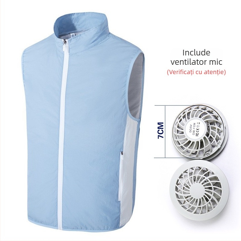 Vesta de răcire cu ventilator încorporat pentru pescuit în aer liber – guler înalt, fermoar, buzunare laterale, poliester, UPF50+