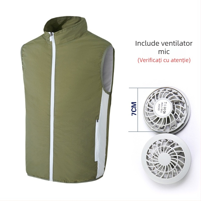 Vesta de răcire cu ventilator încorporat pentru pescuit în aer liber – guler înalt, fermoar, buzunare laterale, poliester, UPF50+