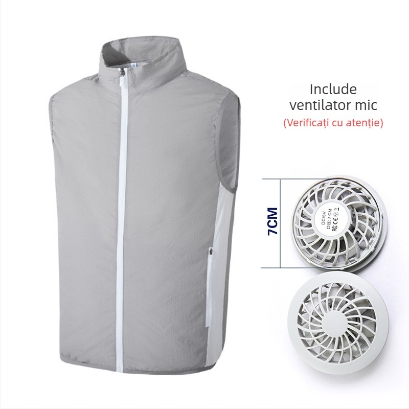 Vesta de răcire cu ventilator încorporat pentru pescuit în aer liber – guler înalt, fermoar, buzunare laterale, poliester, UPF50+