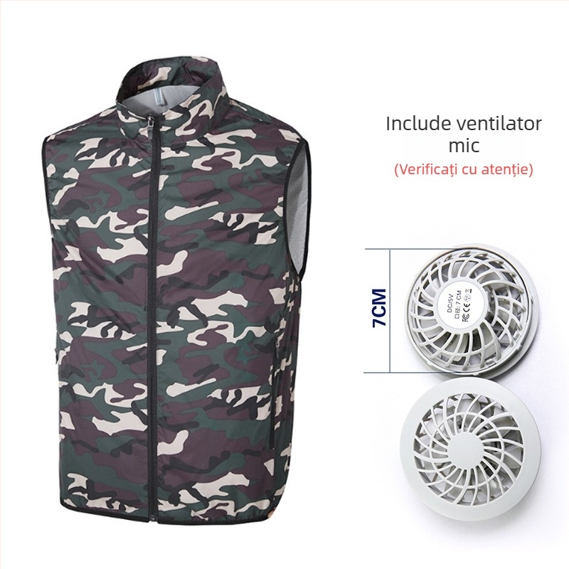 Vesta de răcire cu ventilator încorporat pentru pescuit în aer liber – guler înalt, fermoar, buzunare laterale, poliester, UPF50+
