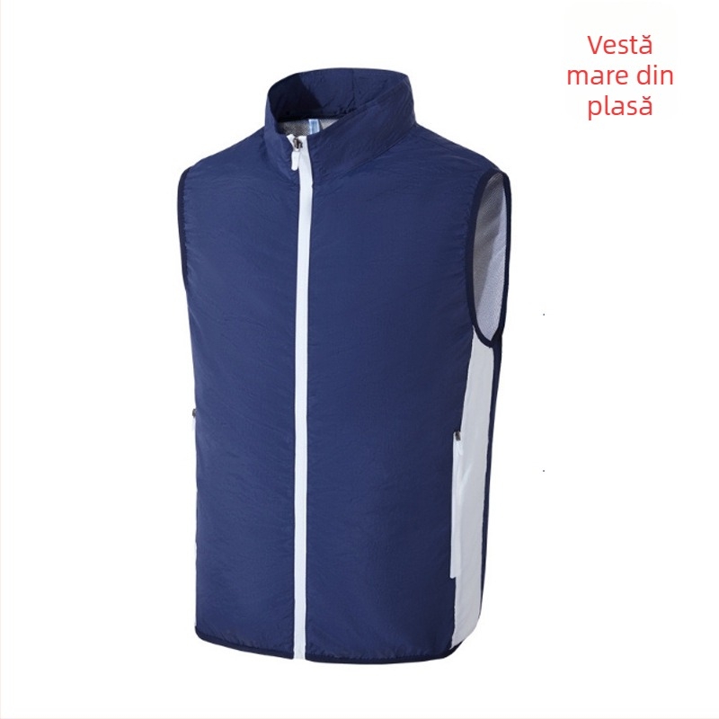 Vesta de răcire cu ventilator încorporat pentru pescuit în aer liber – guler înalt, fermoar, buzunare laterale, poliester, UPF50+