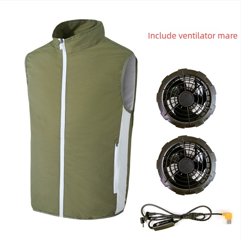 Vesta de răcire cu ventilator încorporat pentru pescuit în aer liber – guler înalt, fermoar, buzunare laterale, poliester, UPF50+