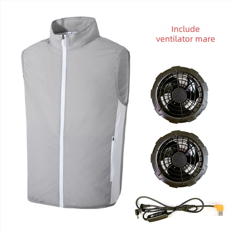 Vesta de răcire cu ventilator încorporat pentru pescuit în aer liber – guler înalt, fermoar, buzunare laterale, poliester, UPF50+