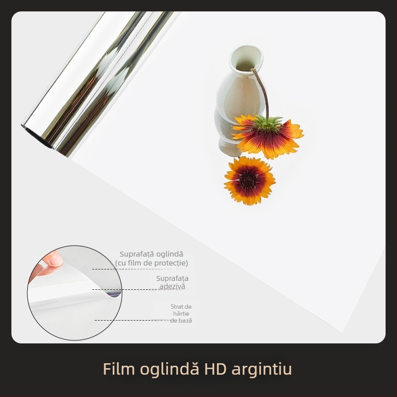 Film oglindă autoadeziv pentru perete, cu două fețe, din PET; potrivit pentru living, dormitor și spații comerciale; oferă protecție solară, umbrire și izolație termică.