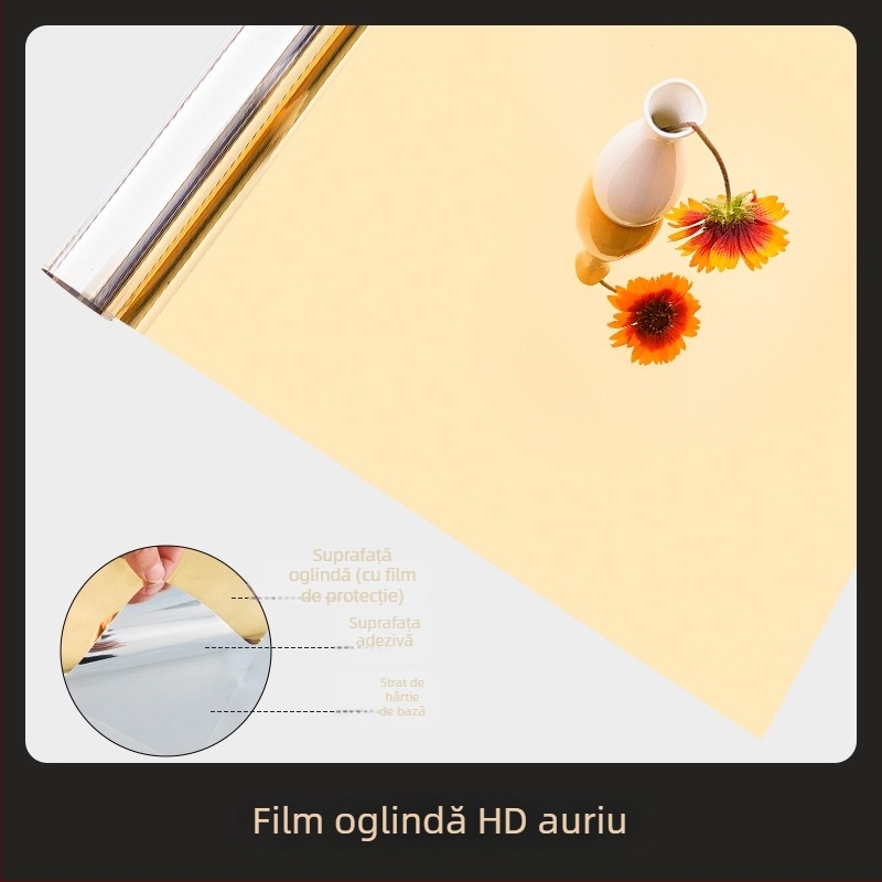 Film oglindă autoadeziv pentru perete, cu două fețe, din PET; potrivit pentru living, dormitor și spații comerciale; oferă protecție solară, umbrire și izolație termică.