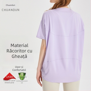 Top de yoga pentru femei, uscare rapidă, material Ice Silk; compoziție 83% nylon + 17% spandex; protecție solară și acțiune bacteriostatică; mâneci scurte; lungime la șolduri