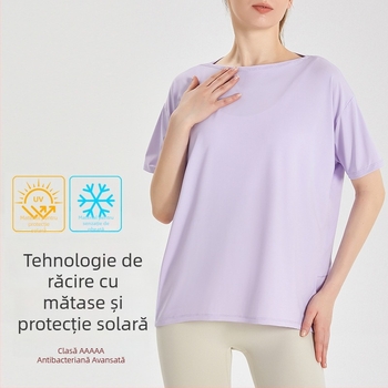 Top de yoga pentru femei, uscare rapidă, material Ice Silk; compoziție 83% nylon + 17% spandex; protecție solară și acțiune bacteriostatică; mâneci scurte; lungime la șolduri