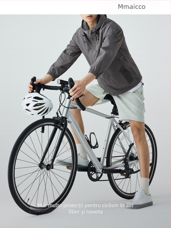 Geacă unisex cu protecție UV, cu glugă, ușoară, fermoar și buzunare cu patch UPF50+