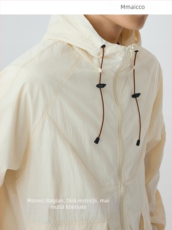 Geacă unisex cu protecție UV, cu glugă, ușoară, fermoar și buzunare cu patch UPF50+