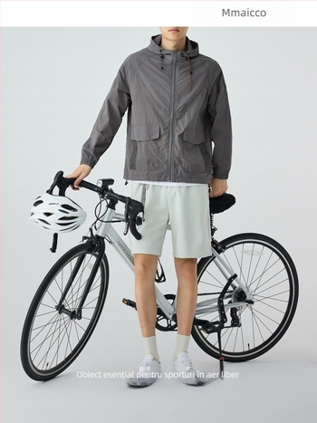 Geacă unisex cu protecție UV, cu glugă, ușoară, fermoar și buzunare cu patch UPF50+