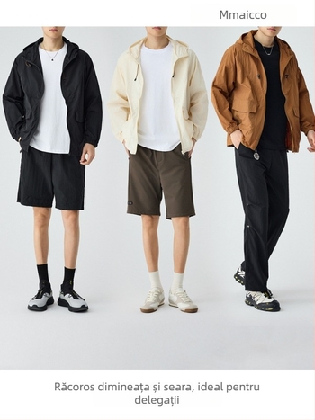 Geacă unisex cu protecție UV, cu glugă, ușoară, fermoar și buzunare cu patch UPF50+