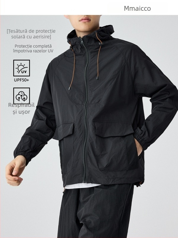 Geacă unisex cu protecție UV, cu glugă, ușoară, fermoar și buzunare cu patch UPF50+