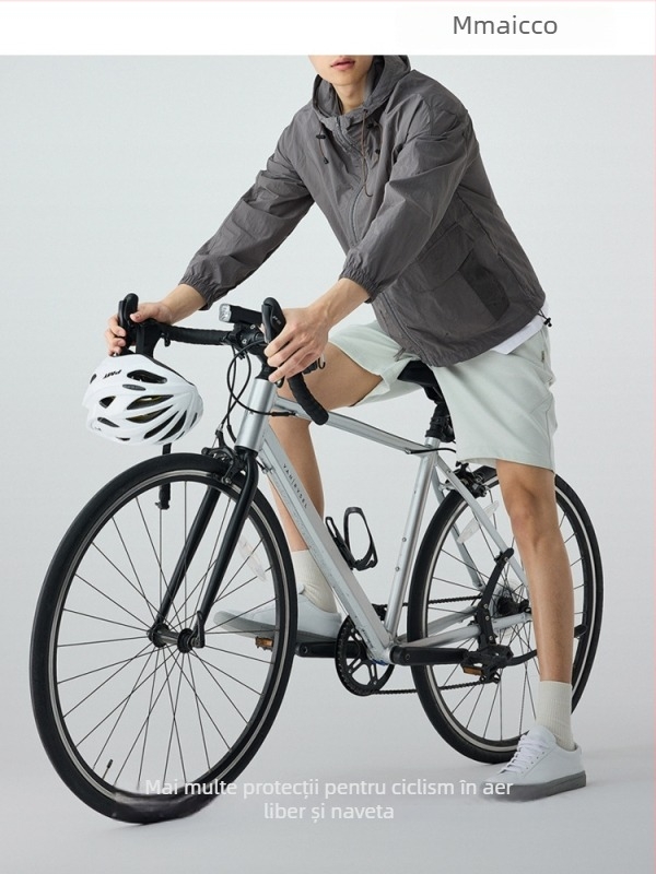 Geacă unisex cu protecție UV, cu glugă, ușoară, fermoar și buzunare cu patch UPF50+