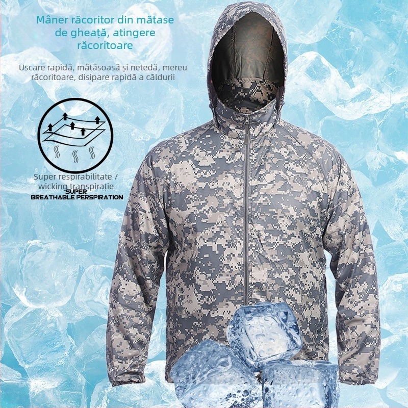 Geacă ușoară camuflaj cu glugă — poliester, protecție UV, pentru drumeții, camping și pescuit