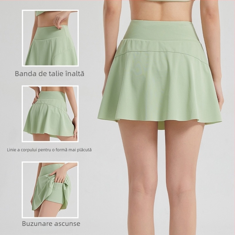 Blue Needle fustă sport albă cu protecție UV, plisată în linie A, țesătură ice-silk Dynamic Pearl Land, 88% nylon, 12% spandex