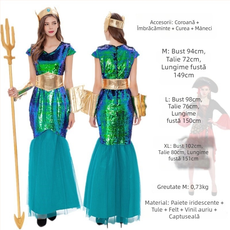 Costum de Halloween pentru adulți – unisex, temă Regele Mării / Prințesa Sirenă, rochie pentru scenă; Brand: Hmm hmm; Material: poliester; Compoziția principală a materialului: poliester; Ocazii: scenă; Lansare: primăvara 2025.