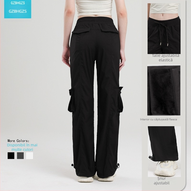 Pantaloni cargo de damă pentru toamnă-iarna, cu șnur în talie, croială lejeră, talie medie, căptuți cu fleece, amestec nylon