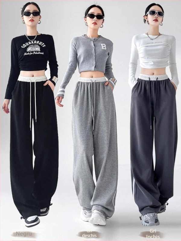 Pantaloni de trening din bumbac pentru femei cu talie înaltă, talie elastică, croială largă, design patchwork cu dungi