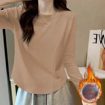 Top pentru bază pentru femei cu mâneci lungi, guler rotund, material poliester ≥95%, elastan ≤30%, lungime 50–65 cm.