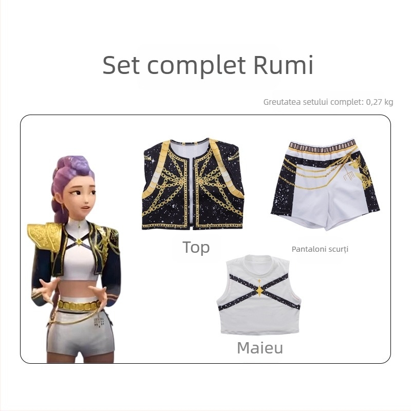 Costum cosplay pentru grup de vânătoare de demoni, inspirație K-Pop pentru scenă, țesătură Chenille, poliester 70–80%, Spandex sub 30%