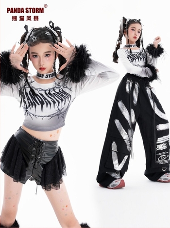 Costum de dans jazz pentru fete: tricou cu mânecă lungă și pantaloni, poliester, stil hip-hop, pentru fete peste 8 ani.