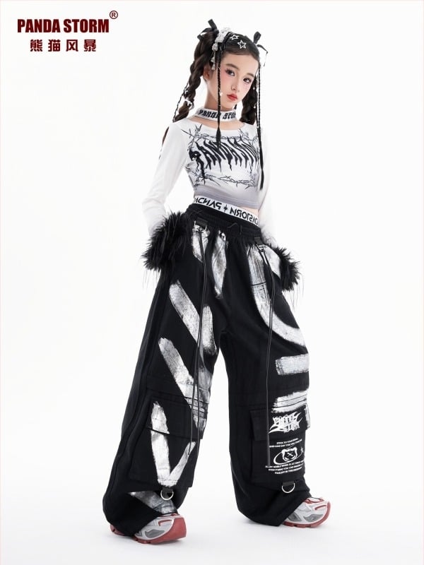 Costum de dans jazz pentru fete: tricou cu mânecă lungă și pantaloni, poliester, stil hip-hop, pentru fete peste 8 ani.