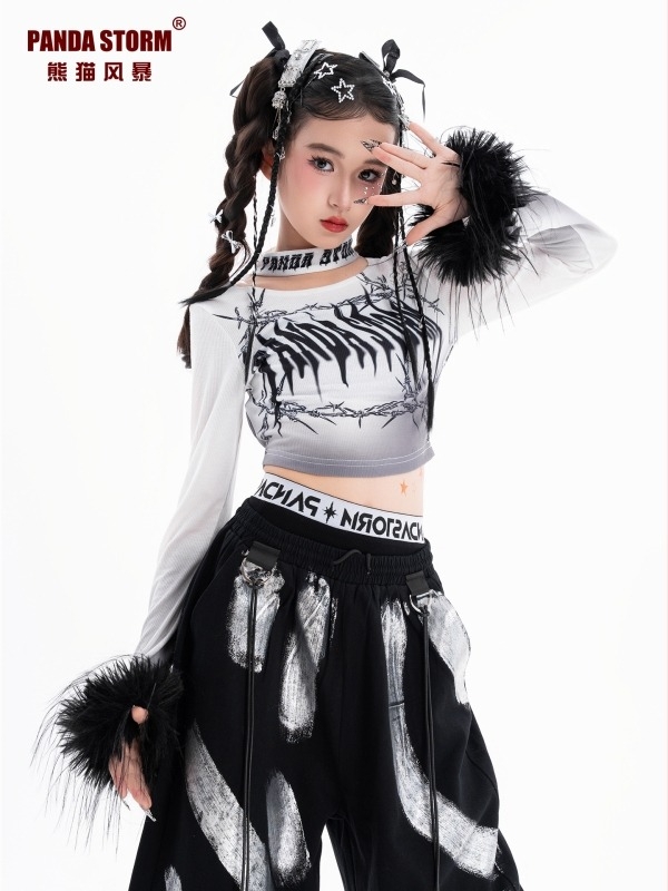 Costum de dans jazz pentru fete: tricou cu mânecă lungă și pantaloni, poliester, stil hip-hop, pentru fete peste 8 ani.