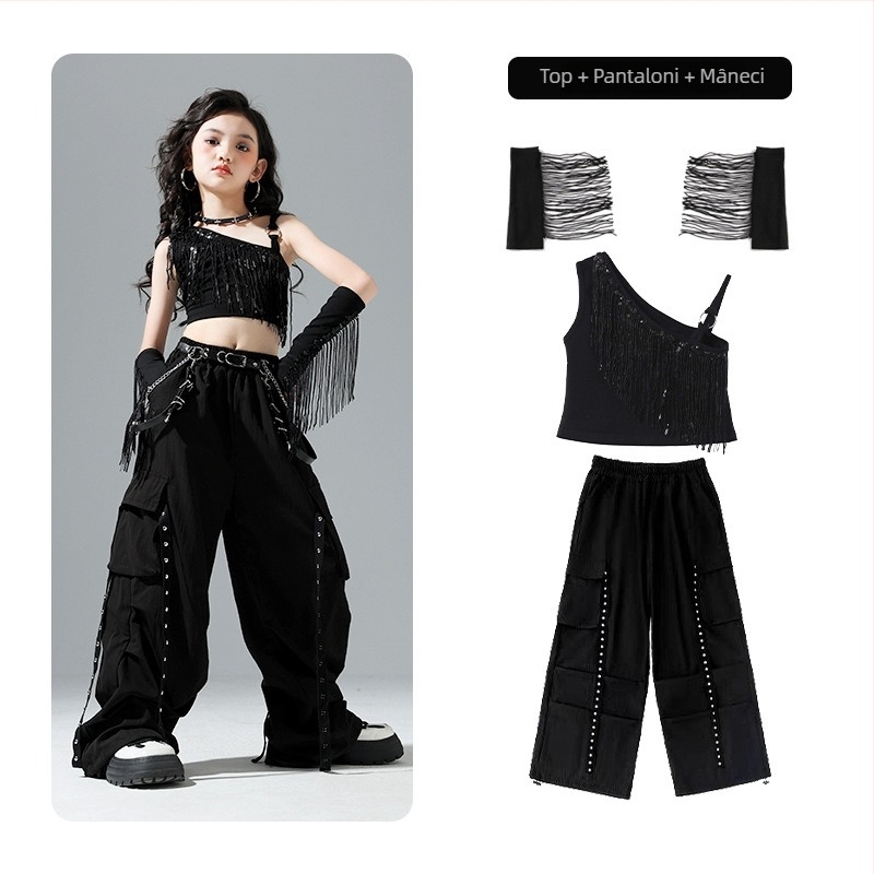 Costum de dans jazz pentru fete, pentru reprezentație, cu ciucuri și paiete, 50% bumbac, primăvara 2025