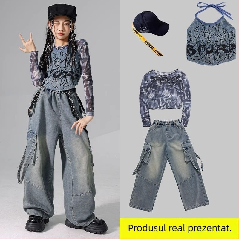 Set costum jazz pentru copii, stil coreean, poliester 95% fibră chimică, pentru repetiții de dans