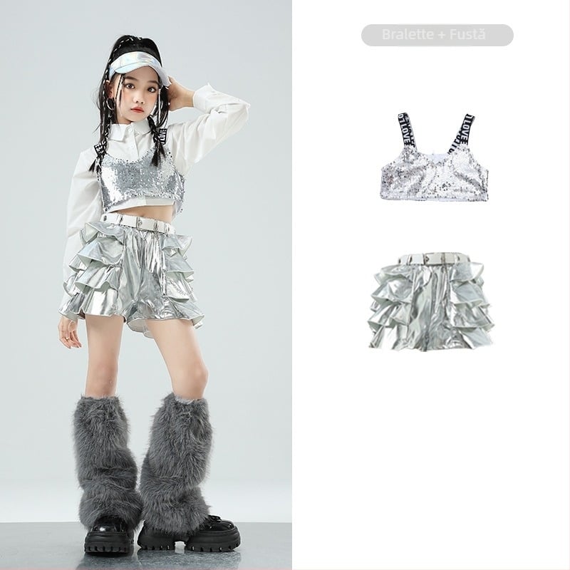 Costum de dans jazz pentru fete – țesătură din bumbac 50% conținut, pentru copii de 8 ani și peste, îmbrăcăminte pentru scenă/dans