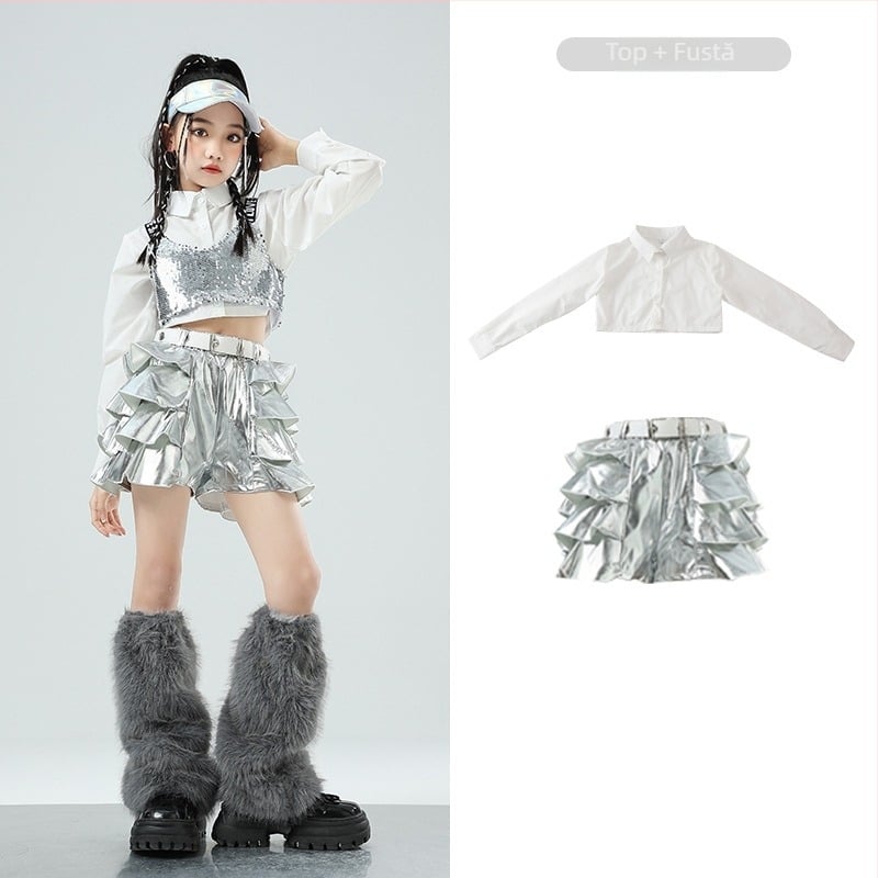 Costum de dans jazz pentru fete – țesătură din bumbac 50% conținut, pentru copii de 8 ani și peste, îmbrăcăminte pentru scenă/dans