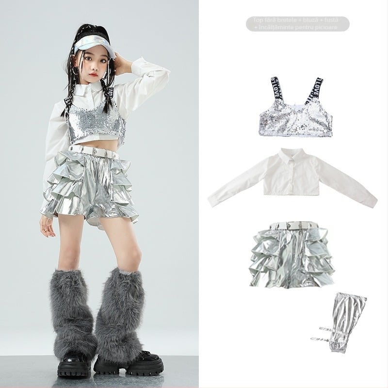 Costum de dans jazz pentru fete – țesătură din bumbac 50% conținut, pentru copii de 8 ani și peste, îmbrăcăminte pentru scenă/dans