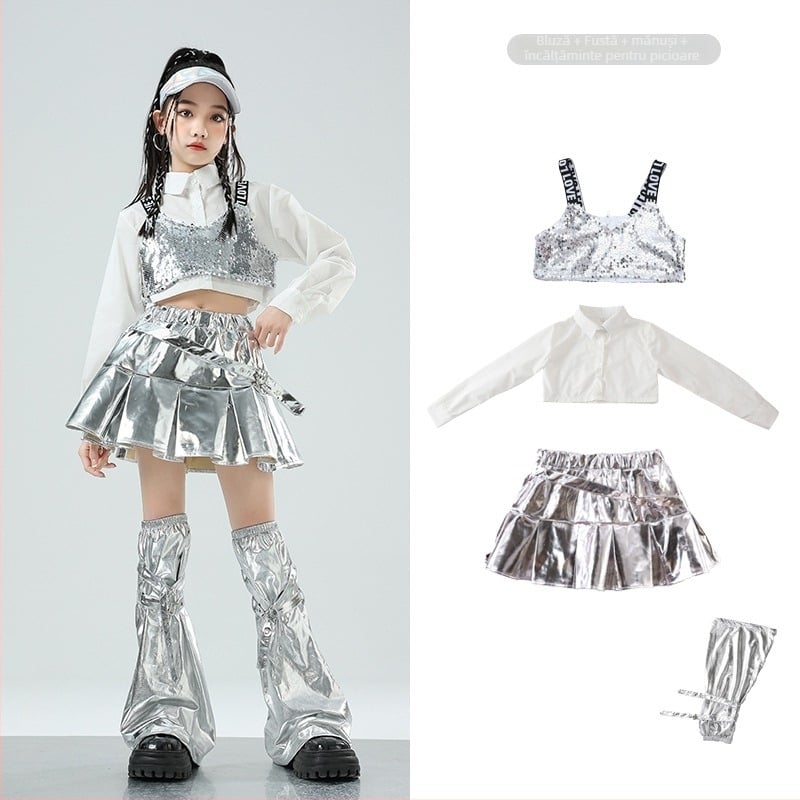 Costum de dans jazz pentru fete – țesătură din bumbac 50% conținut, pentru copii de 8 ani și peste, îmbrăcăminte pentru scenă/dans