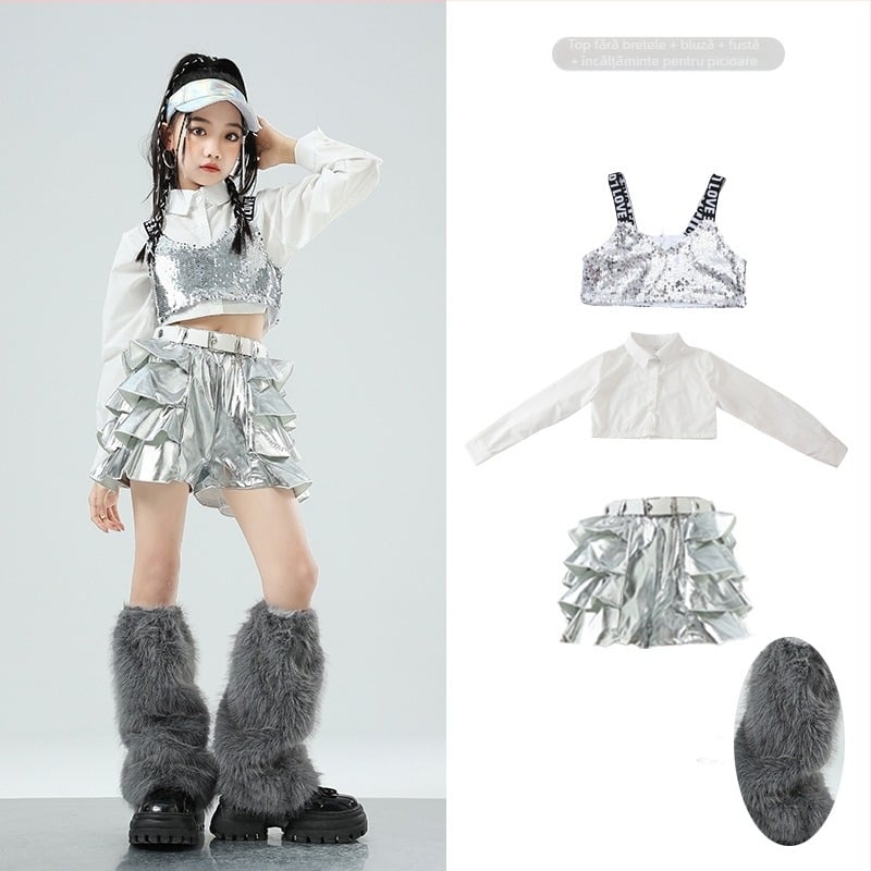 Costum de dans jazz pentru fete – țesătură din bumbac 50% conținut, pentru copii de 8 ani și peste, îmbrăcăminte pentru scenă/dans