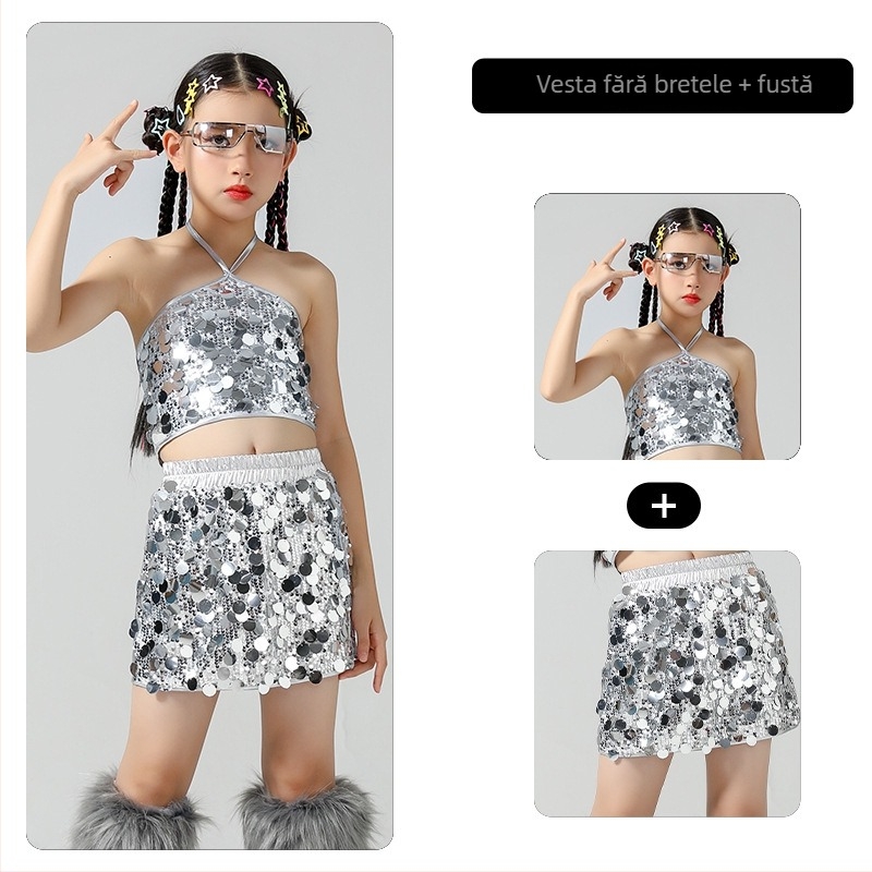Costum de dans hip-hop pentru fete, cu paiete, pentru jazz și podium, țesătură poliester cu tratament moale, 80% poliester, pentru copii 8+ ani, Primăvara 2024
