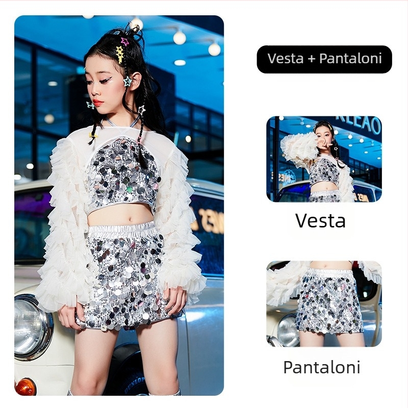 Costum de dans hip-hop pentru fete, cu paiete, pentru jazz și podium, țesătură poliester cu tratament moale, 80% poliester, pentru copii 8+ ani, Primăvara 2024