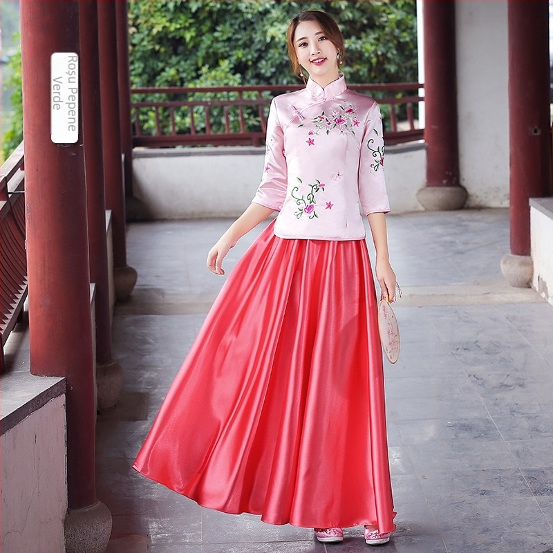 Rochie lungă pentru domnișoare de onoare, în stil chinezesc, cu model floral, mâneci jumătate, amestec din poliester (90% poliester, 2% bumbac, 5% in, 1% mătase tussah)