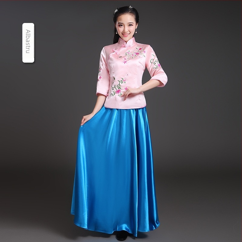 Rochie lungă pentru domnișoare de onoare, în stil chinezesc, cu model floral, mâneci jumătate, amestec din poliester (90% poliester, 2% bumbac, 5% in, 1% mătase tussah)