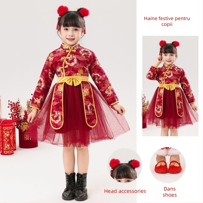 Set costum pentru dans popular pentru copii — fustă tutu, costum festiv în stil Tang chinezesc, Maple View, unisex, țesătură plată, 30–50% spandex, primăvara 2025