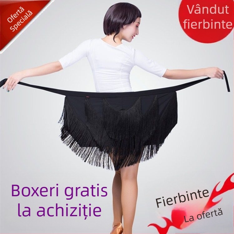 Fustă de dans Latin cu șorț și ciucuri, pentru femei adulte, material Milk Silk, 85% elastan, potrivită pentru spectacole de dans Latin, anotimpuri: vară, iarnă, primăvară, toamnă